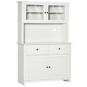 63.5" Kitchen Hutch Cabinet, Pantry Storage Cabinet with 4 Shelves, Drawers, Framed Glass Doors, Open Microwave Countertop, Antique White