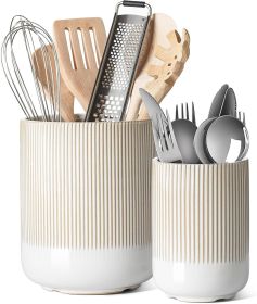 Utensil Holder for Kitchen Counter, 7.3"+5.4" Fluted Ceramic Utensil Crock Organizer for Countertop, Heavy Large Holder for Spatulas, Spoons, Set