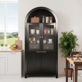 71" Fluted Tall Arched Pantry Cabinet with Adjustable Shelves, Elegant Display Storage with Hidden Drawer & Glass Door for Kitchen, Living Room (Color: Black)