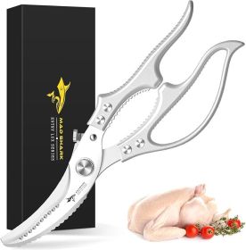 Heavy Duty Poultry Shears, Kitchen Shears with Non-Slip Handle & Safety Lock, All Purpose Kitchen Scissors for Chicken, Meat Cutting, Turkey, Fis (Color: Silver)