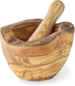 Olive Wood Rustic Mortar and Pestle Set - Handcrafted Wooden Spice Grinder (size: Large. 6in diameter)